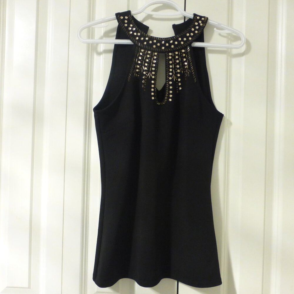 LE CHATEAU black sleeveless top with keyhole neckline and gold bead accents